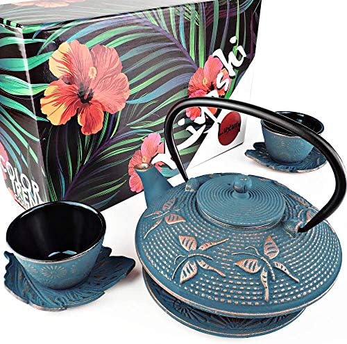 Blue Butterfly Cast Iron Tea Set, 2 Cups, 2 Saucers, Infuser & Trivet by KIYOSHILuxury