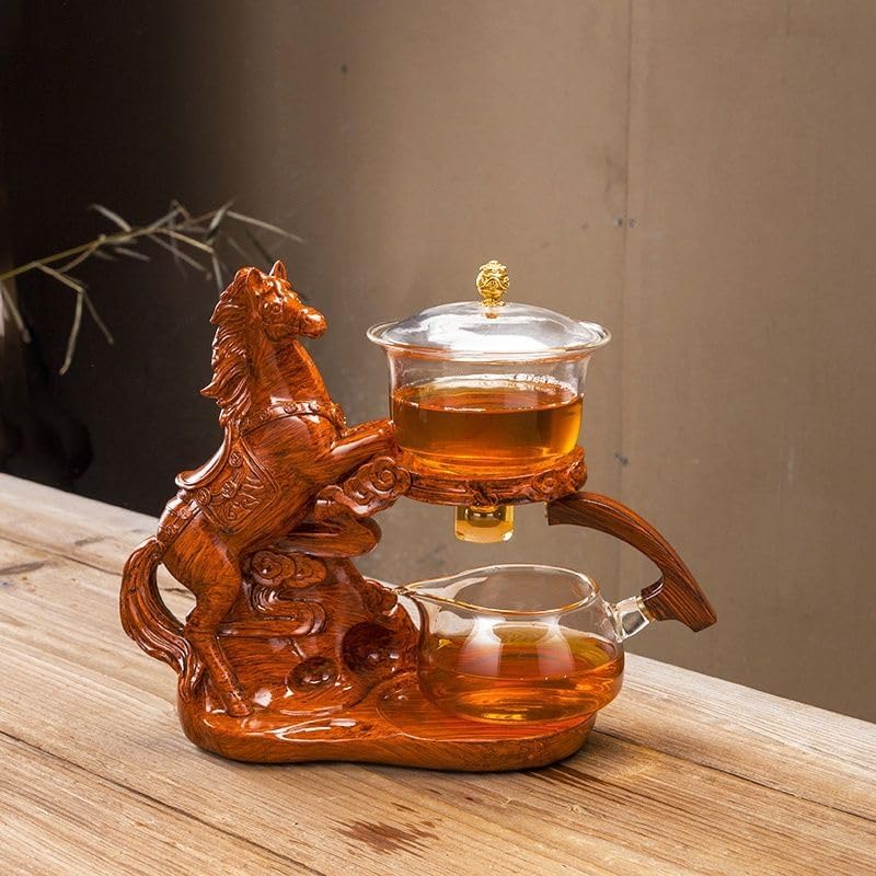 Glass Teapot Set Semi Automatic Rotating Cover Bowl with Infuser Lazy Kungfu Tea pot Set (Teapot set, Horse) - Image 3