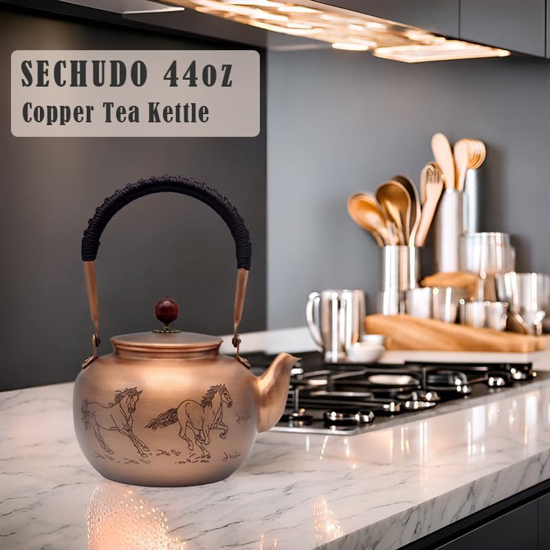44oz SECHUDO Exquisite Pure Copper Tea Kettle without Coating, Copper Teapot with Tea Ball for Loose Leaf, Japanese Style Classic Tea Pot for Stovetop Safe, Horse Pattern(1300ml) - Image 2