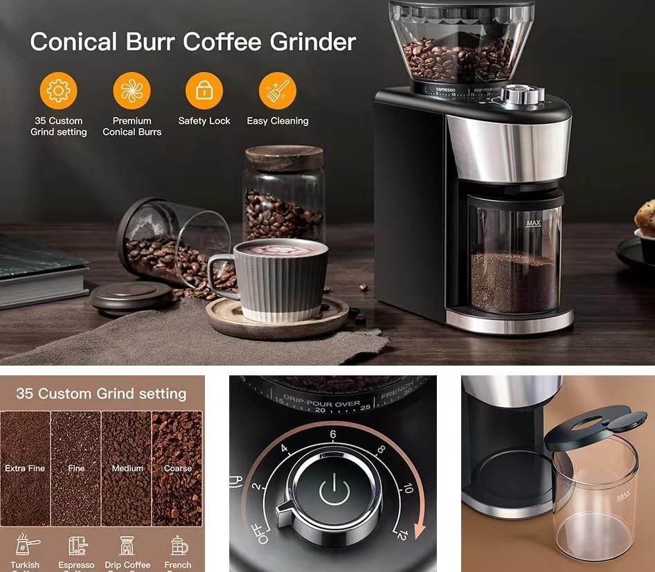 Conical Burr Coffee Grinder Electric, Adjustable Coffee Bean Grinder with 35 Precise Grind Setting for 2-12 Cup, Black (Coffee grinder+Coffee maker) - Image 3