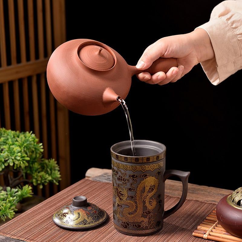 Ceramic Teacup, Chinese Hand Painted Purple Clay Tea Mug with Lid and Infuser, (13oz) Zisha Water Mug Drinkware for Office Home (Color change Black Dragon) - Image 2