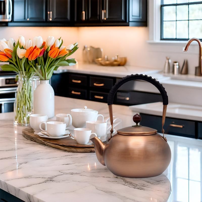 40.6oz Copper Tea Kettle for Stovetop Safe, Chinese Style Non-Coating Pure Copper Teapot with Tea Ball for Loose Tea, Handmade Solid Tea Pot with Non Slip Handle(1200ml) - Image 3