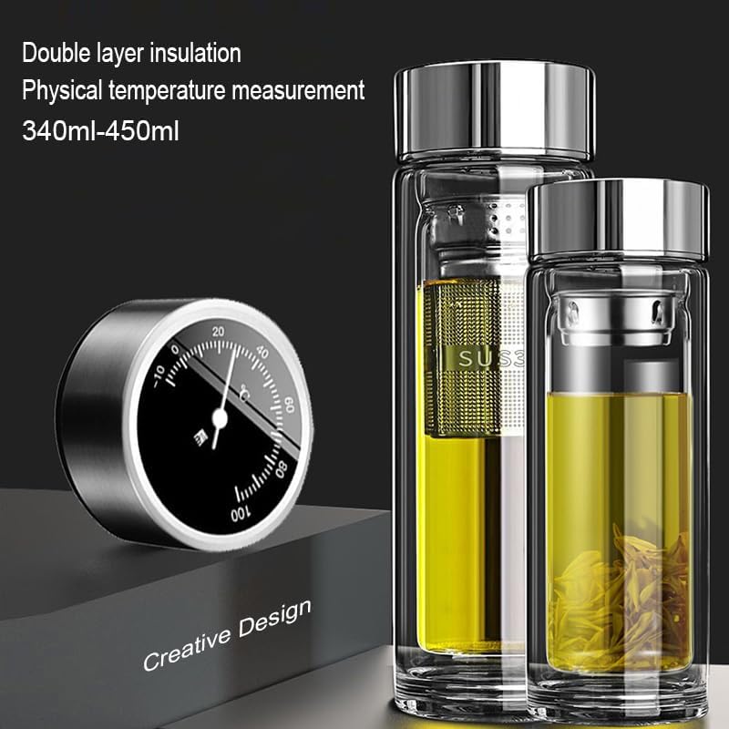 280ml Physical temperature measuring cup lid double-layered glass cup for tea brewing, no battery required, heat-insulating and airtight drinking vessel with filter,home and office water cup - Image 2