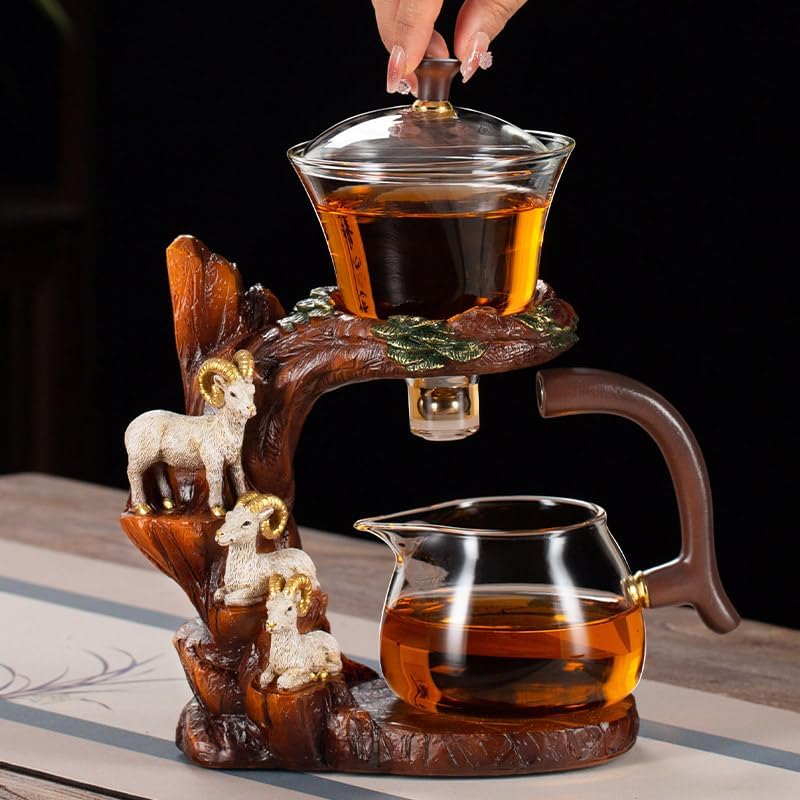 Glass Teapot Set with Infuser Semi Automatic Tea Set Lazy Kungfu Attraction Drip Rotating Magic Teapot Set (Goat) - Image 3
