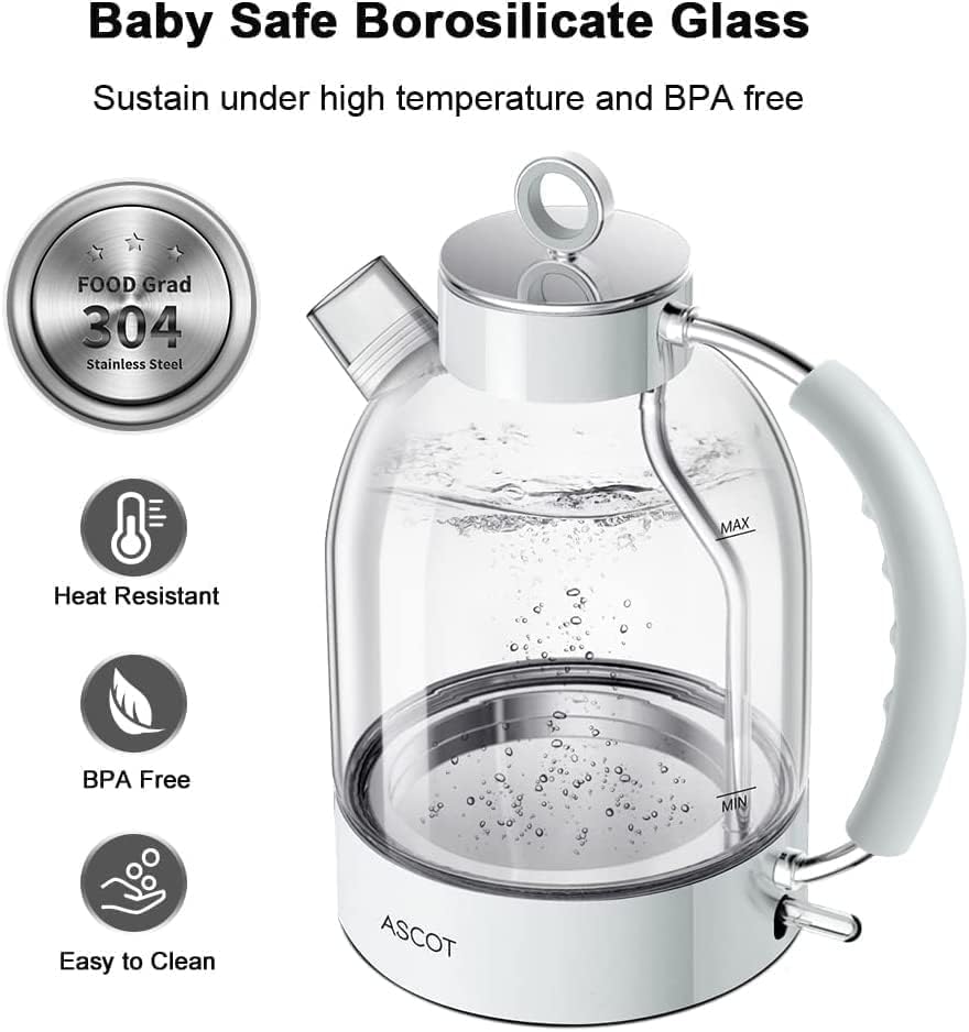 ASCOT Glass Electric Kettle, 1.5L Borosilicate Glass Water Boiler, White - Image 3