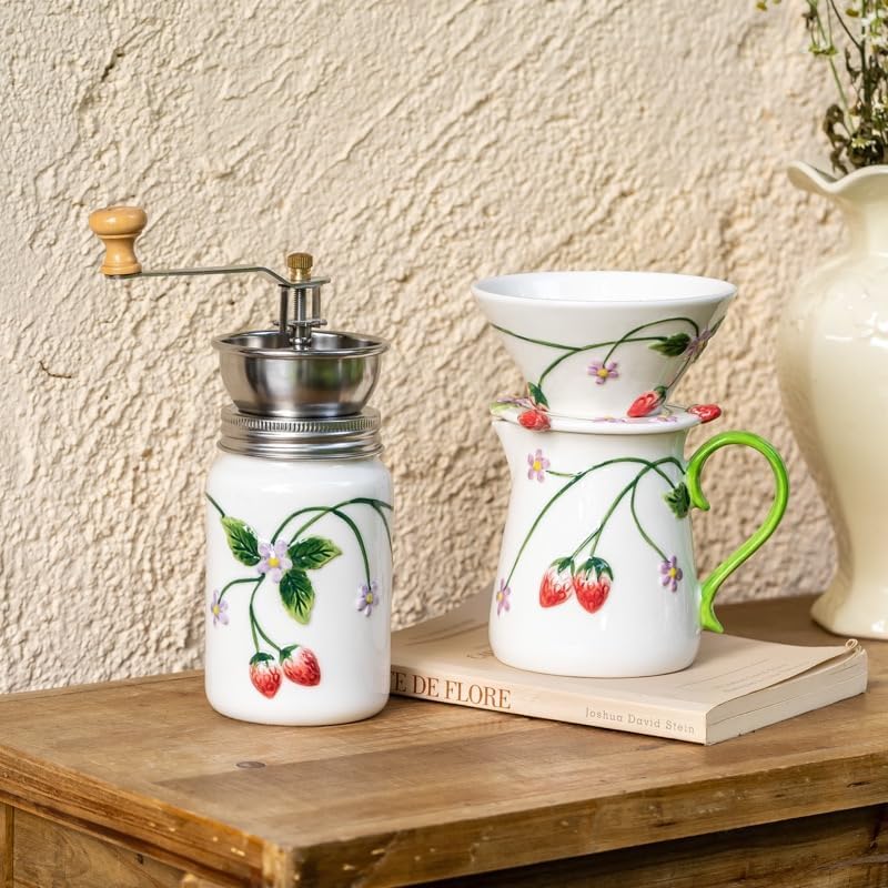 Strawberry Ceramic Manual Coffee Grinder, Hand Crank Coffee Bean Mill, Pour Over Dripper, Milk Pitcher & Mug, Vintage Floral Coffee Maker Kit for Home Kitchen Café Brewing (Milk Pitcher) - Image 3