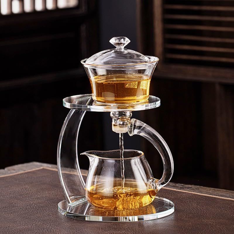 Glass Teapot Set Semi Automatic Drip Rotating with Infuser Chinese Heat-Resistant Lazy Kungfu Tea Set (Transparent) - Image 5
