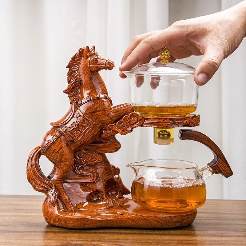 Glass Teapot Set Semi Automatic Rotating Cover Bowl with Infuser Lazy Kungfu Tea pot Set (Teapot single, Horse) - Image 2