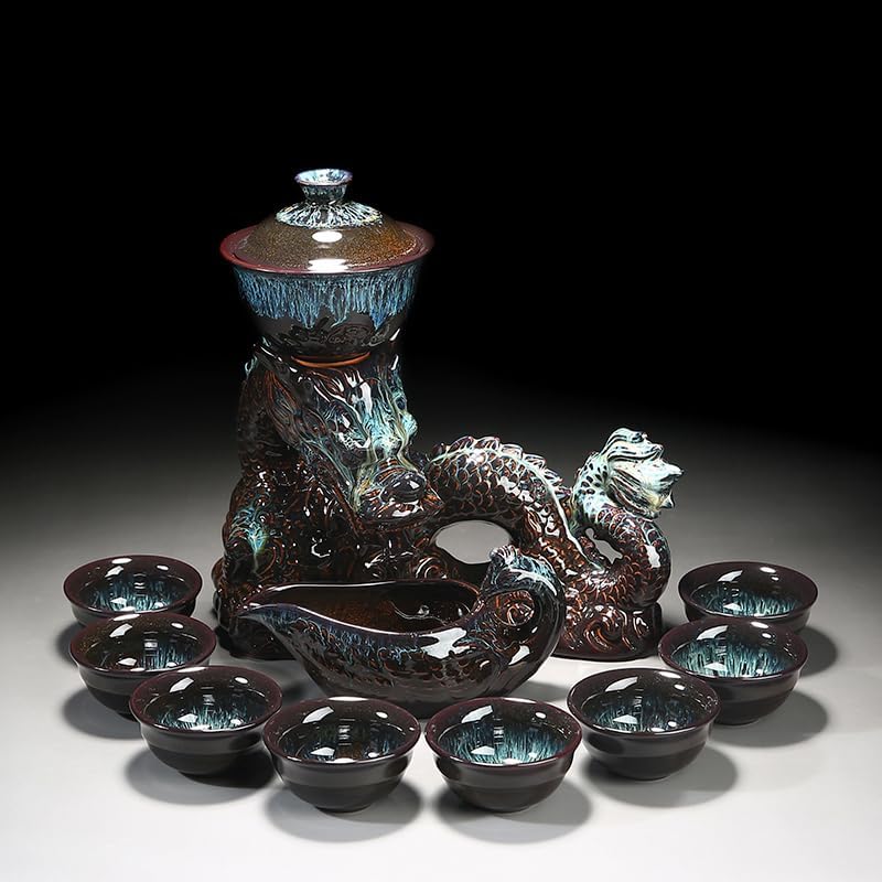 Chinese Gongfu Tea Set - Ceramic Teapot with Infuser, 8 Cups, Semi Automatic Dragon Design for Loose Leaf Tea by Unknown