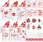 Vesici 6 Set Christmas Glasses Cups 16 oz Xmas Drink Cup with Lid Straw and Stopper Can Shaped Beer Tumbler Xmas Appreciation Gifts with Cards and Bow for Women Birthday Party Favor(Classic Christmas) by Vesici