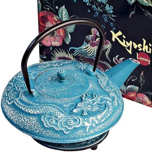 40 Oz Blue Dragon Cast Iron Teapot, Enamel Interior, Infuser & Trivet by KIYOSHILuxury