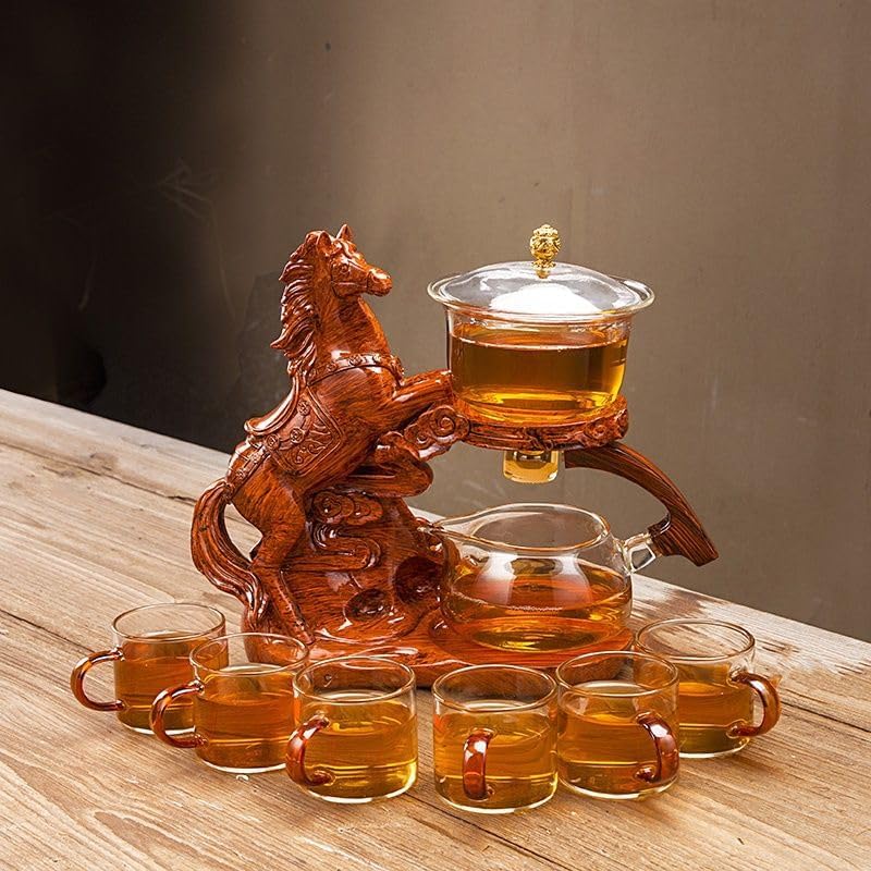 Glass Teapot Set Semi Automatic Rotating Cover Bowl with Infuser Lazy Kungfu Tea pot Set (Teapot set, Horse) by MOZEO