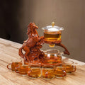 Glass Teapot Set Semi Automatic Rotating Cover Bowl with Infuser Lazy Kungfu Tea pot Set (Teapot set, Horse) by MOZEO