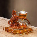 Glass Teapot Set Semi Automatic Rotating Cover Bowl with Infuser Lazy Kungfu Tea pot Set (Teapot set, Horse) by MOZEO