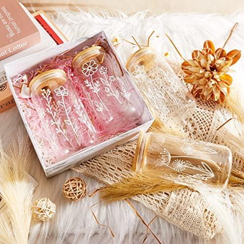 Mumufy 24 Pack Boho Floral Glass Cup, 16 oz Tumbler Mug with Bamboo Lid - Image 6