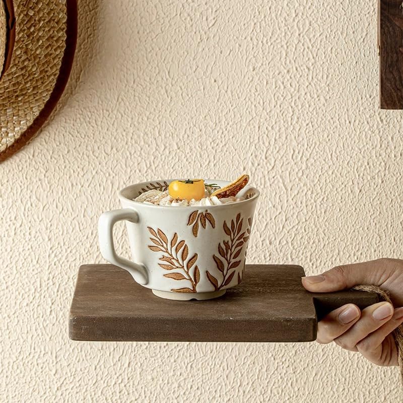 4 Pack 12oz Embossed Leaf Ceramic Coffee Mugs, Vintage Speckled Stoneware Tea Cups, Rustic Brown Spring Leaf Large Drinking Mugs, Microwave & Dishwasher Safe, Farmhouse Kitchen Decor, Gift Set - Image 7