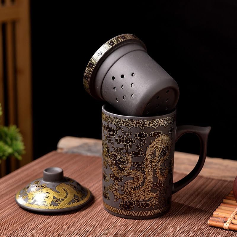 Ceramic Teacup, Chinese Hand Painted Purple Clay Tea Mug with Lid and Infuser, (13oz) Zisha Water Mug Drinkware for Office Home (Color change Black Dragon) - Image 4