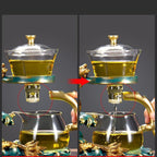 Glass Teapot Set Tea Maker with Infuser Semi Automatic Drip Rotating Cover Bowl Lazy Tea Set (Dragon, Teapot set) - Image 3
