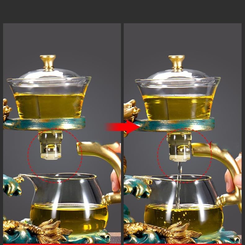 Glass Teapot Set Tea Maker with Infuser Semi Automatic Drip Rotating Cover Bowl Lazy Tea Set (Dragon, Teapot set) - Image 3
