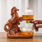 Glass Teapot Set Semi Automatic Rotating Cover Bowl with Infuser Lazy Kungfu Tea pot Set (Teapot set, Horse) - Image 4