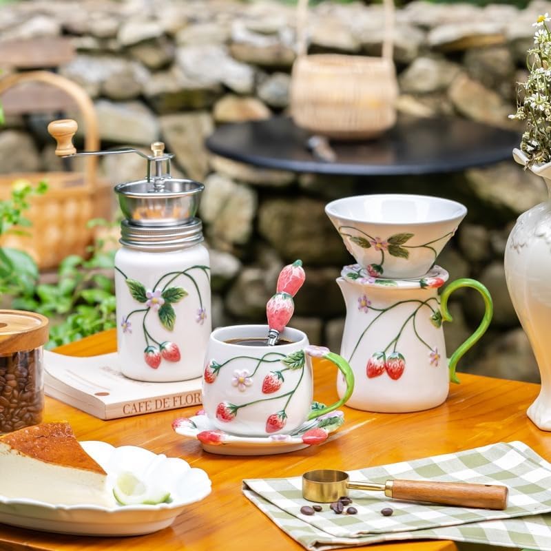 Strawberry Ceramic Manual Coffee Grinder, Hand Crank Coffee Bean Mill, Pour Over Dripper, Milk Pitcher & Mug, Vintage Floral Coffee Maker Kit for Home Kitchen Café Brewing (Manual Coffee Grinder) - Image 4