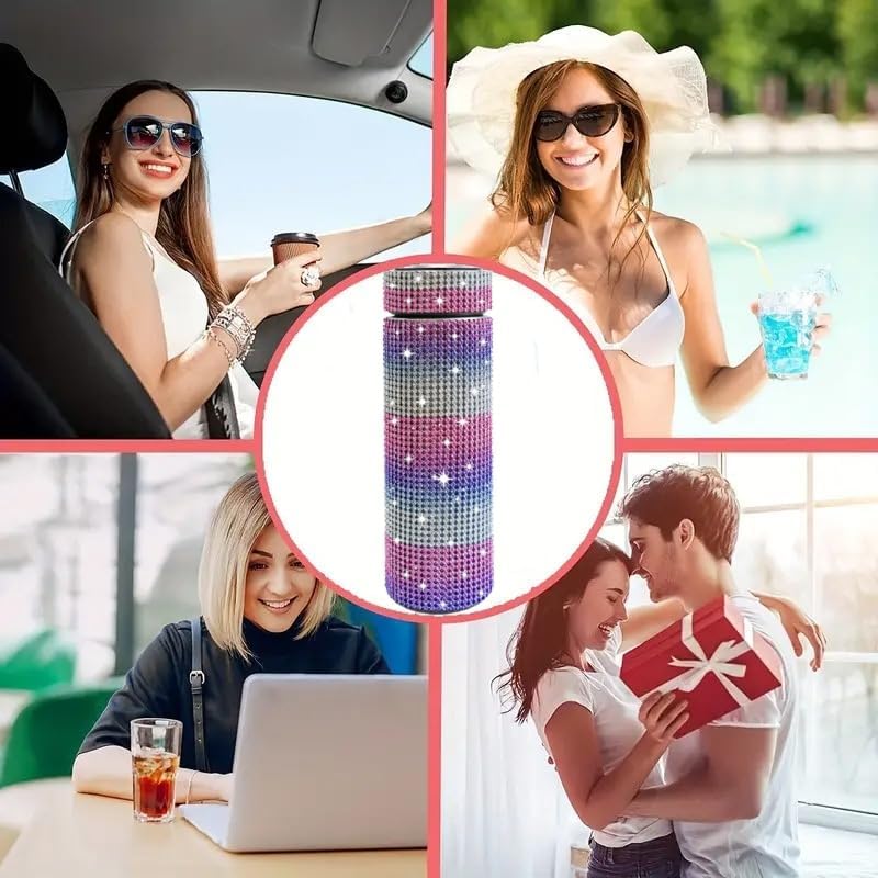 17 oz Bling Stainless Steel Water Bottle Rhinestone Vacuum Water Bottle Glitter Bottles Diamond Vacuum Flask Mug Gift Girls Women (500ml), Red+Purple+White - Image 6
