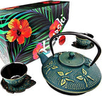 Green Butterfly Cast Iron Tea Set, 2 Cups, 2 Saucers, Infuser & Trivet by KIYOSHILuxury