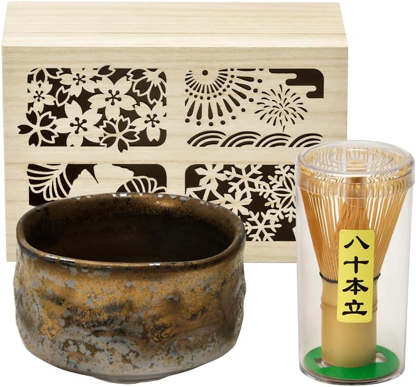 Made in Japan Authentic Matcha Tea Set, Gold Finish Porcelain Bowl (18.59 fl oz), Includes 80-Prong Bamboo Whisk and Decorative Wooden Gift Box, Microwave/Dishwasher Safe, For gift, Birthday by Unknown