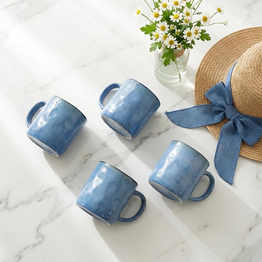 Bosmarlin Ceramic Coffee Mug Set of 4, 14 Oz, Coffee Cups with Big Handle, Microwave Safe, Unique Reactive Glaze (Blue, 14 Oz) - Image 5