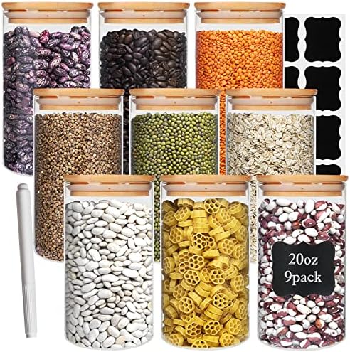 DHSBTLS 9 Pack 20 oz Glass Jars with Airtight Bamboo Lids for Kitchen by DHSBTLS