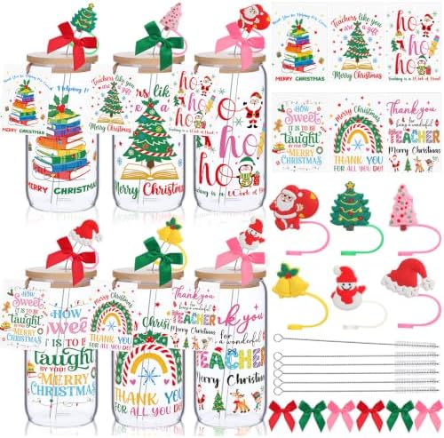 Vesici 6 Set Christmas Teacher Appreciation Gifts Glasses Cups 16 oz Women Drink Cup with Lid Straw and Stopper Can Shaped Thank You End of Year Gifts for Teacher from Student School Present(Classic) by Vesici