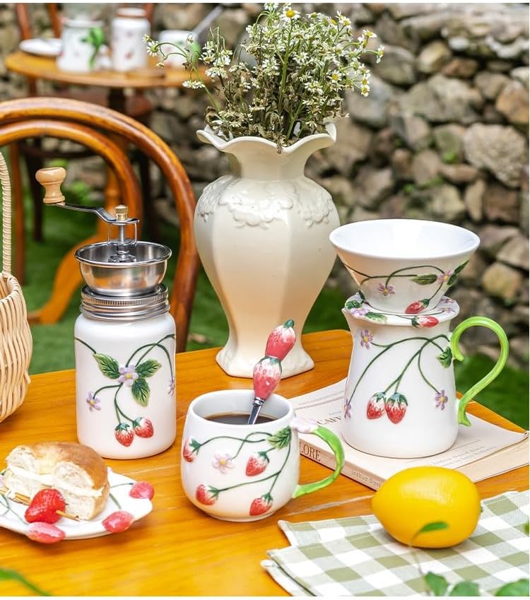 Strawberry Ceramic Manual Coffee Grinder, Hand Crank Coffee Bean Mill, Pour Over Dripper, Milk Pitcher & Mug, Vintage Floral Coffee Maker Kit for Home Kitchen Café Brewing (Dripper) - Image 5