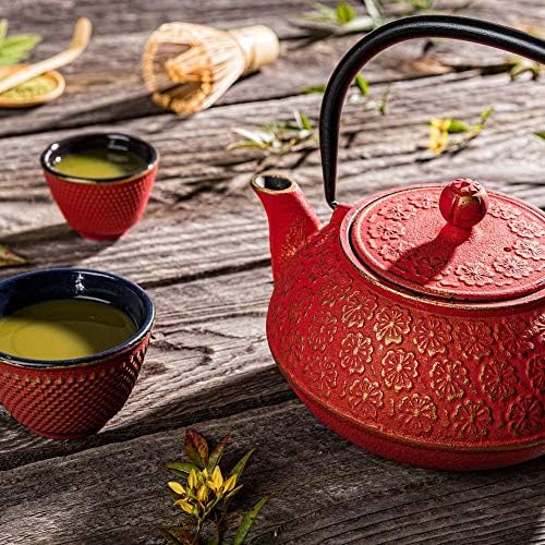 Restaurantware-30 Ounce Japanese Teapot, 1 Enamel Coated Japanese Tea Kettle - Cherry Blossom Design, Includes Mesh Strainer, Red Cast Iron Primitive Kettle, For Teabags And Loose Leaf Tea - Image 3
