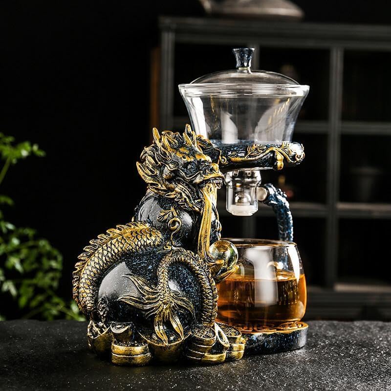 Glass Teapot Set with Infuser Semi Automatic Dragon Tea Set with 6 Small Cups (Blue golden dragon) - Image 4