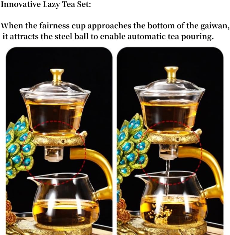 Glass Teapot Set with Infuser Semi Automatic Tea Set Lazy Kungfu Attraction Drip Rotating Magic Teapot Set (Peacock) - Image 3