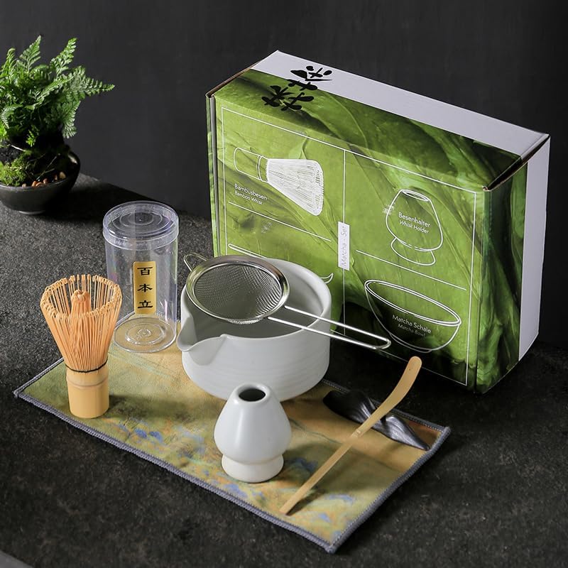 Japanese Matcha Tea Set of 7 Ceremony Matcha Kit with Matcha Bowl(Chawan) with Pouring Spout, Matcha Whisk (Chasen), Scoop (Chashaku), Ceramic Whisk Holder, Scoop Stand，Sifter,Tea Napkin White by Auerhceram