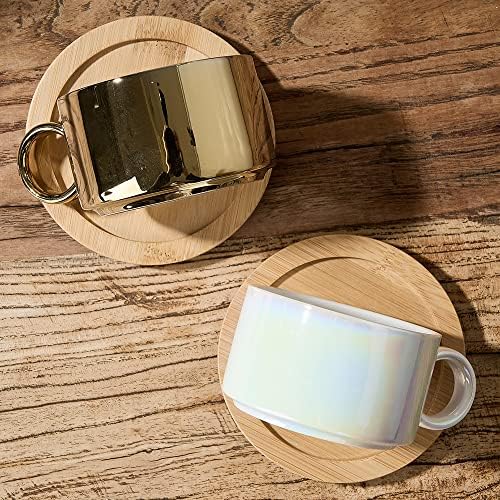 LUKA Porcelain Espresso Cup with Saucers and Metal Stand - 6 Ounce Stackable Ceramic Demitasse Espresso Mugs Cappuccino Cups Set for Latte, Coffee, Cafe Mocha, Tea - Set of 4,Shimmer Golden - Image 5