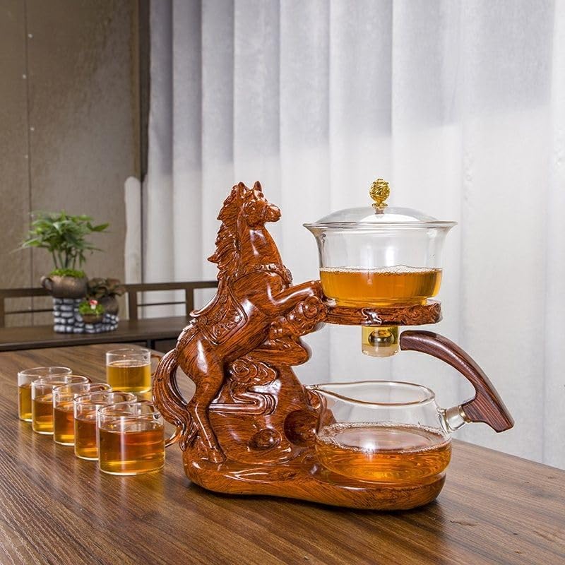 Glass Teapot Set Semi Automatic Rotating Cover Bowl with Infuser Lazy Kungfu Tea pot Set (Teapot set, Horse) - Image 2