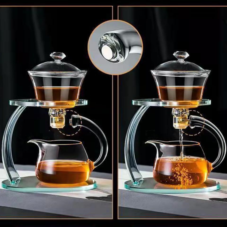 Glass Teapot Set Semi Automatic Drip Rotating with Infuser Chinese Heat-Resistant Lazy Kungfu Tea Set (Transparent) - Image 4