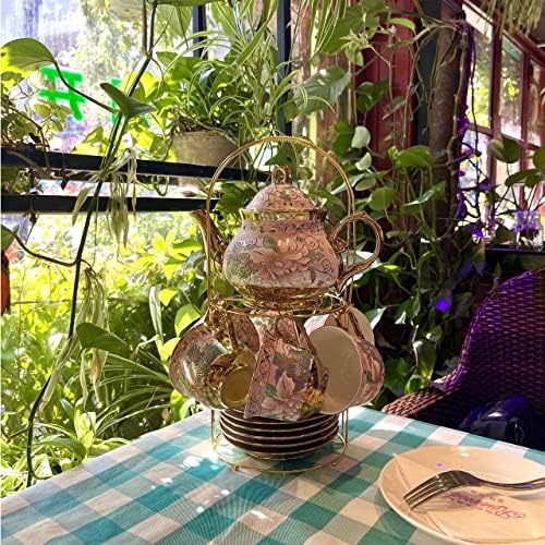 20 Pieces Porcelain Tea Set With Metal Holder, European Ceramic tea set for adults,Flower Tea Set,Tea Set For Women With Flower Painting (Large version, Pink) - Image 3