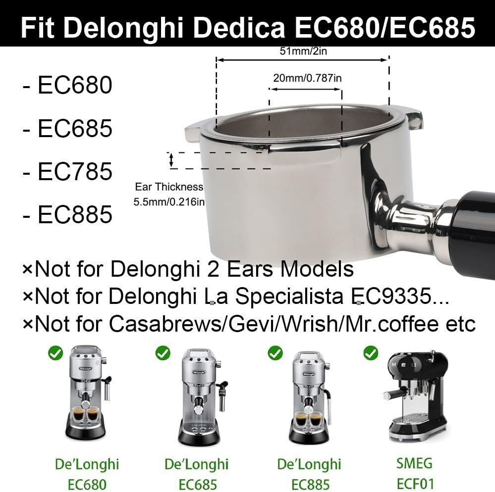 51mm Bottomless Portafilter 3 ears Only for Delonghi Dedica EC680/EC685 - Image 2