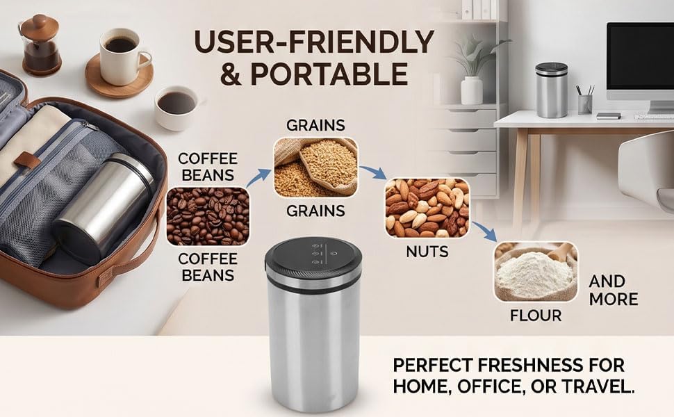Asixxsix Vacuum Coffee Canister, Stainless Steel Airtight Automatic Food Vacuum Canister with Digital Display, Ideal for Storing Coffee Beans, Grains, Flour, Fruits, Nuts, and More. - Image 3