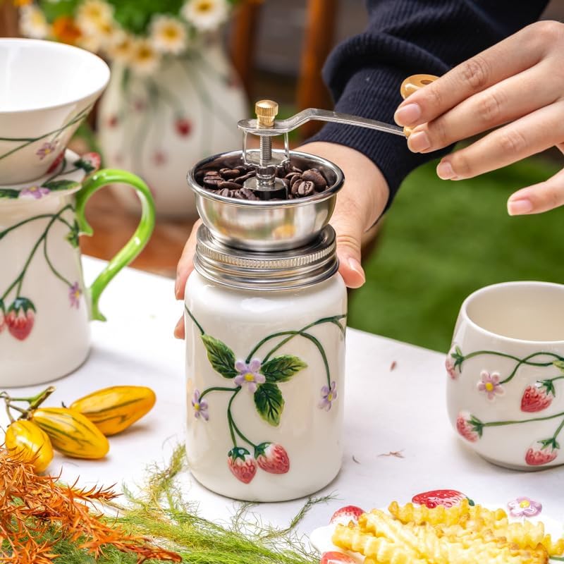 Strawberry Ceramic Manual Coffee Grinder, Hand Crank Coffee Bean Mill, Pour Over Dripper, Milk Pitcher & Mug, Vintage Floral Coffee Maker Kit for Home Kitchen Café Brewing (Manual Coffee Grinder) - Image 2