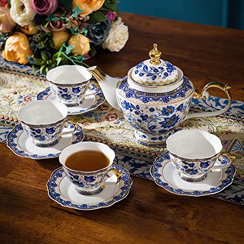 ACMLIFE Tea Sets for Adults, Tea Sets for 4 - Tea Pot Sets Blue, Porcelain Tea Sets for Women with 24K Gold, Fine Bone China, Vintage British Sets for Luxury Gift, Mother's Day(Blue and White) - Image 2