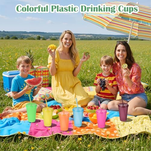 Honeydak 30 Pack Plastic Tumblers with Lids and Straws Bulk, Retro Color - Image 5