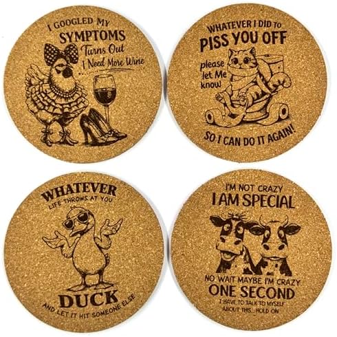 Sarcastic Animals Cork Coaster Set – 20 Pack of Laser Engrave Drink Coasters with Funny Sayings for Home, Office, Parties by Handmade
