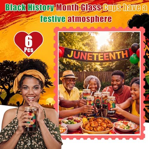 6 Pcs Juneteenth Glass Cups Celebrate Freedom Party Favors Gifts Tumbler with Lids and Straws Bulk 16 oz Reusable Can Shaped Drinking Glasses for Juneteenth Party Supplies - Image 4