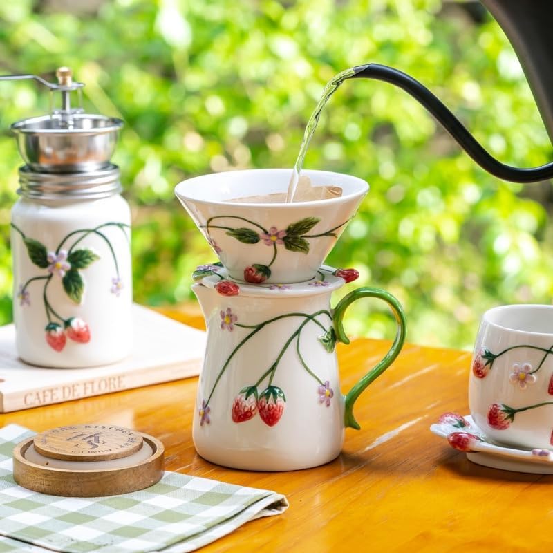 Strawberry Ceramic Manual Coffee Grinder, Hand Crank Coffee Bean Mill, Pour Over Dripper, Milk Pitcher & Mug, Vintage Floral Coffee Maker Kit for Home Kitchen Café Brewing (Dripper) - Image 4
