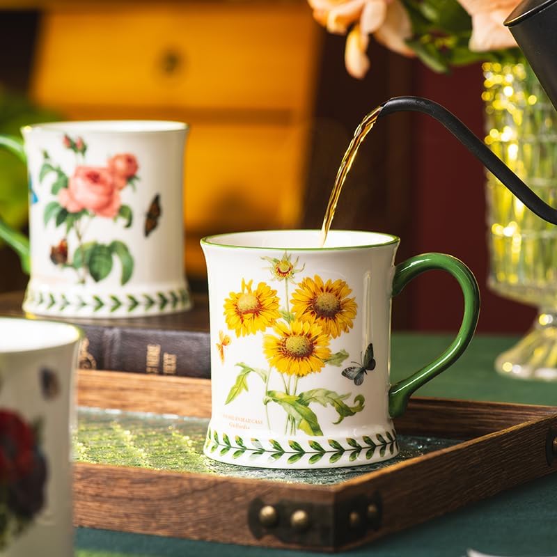 Pastoral Coffee Mug Set of 4-15.2 Oz Large Capacity Porcelain In-Glaze Cups for Tea, Latte, Cocoa - Dishwasher & Microwave Safe, Great Housewarming Gift-Sunflower - Image 5