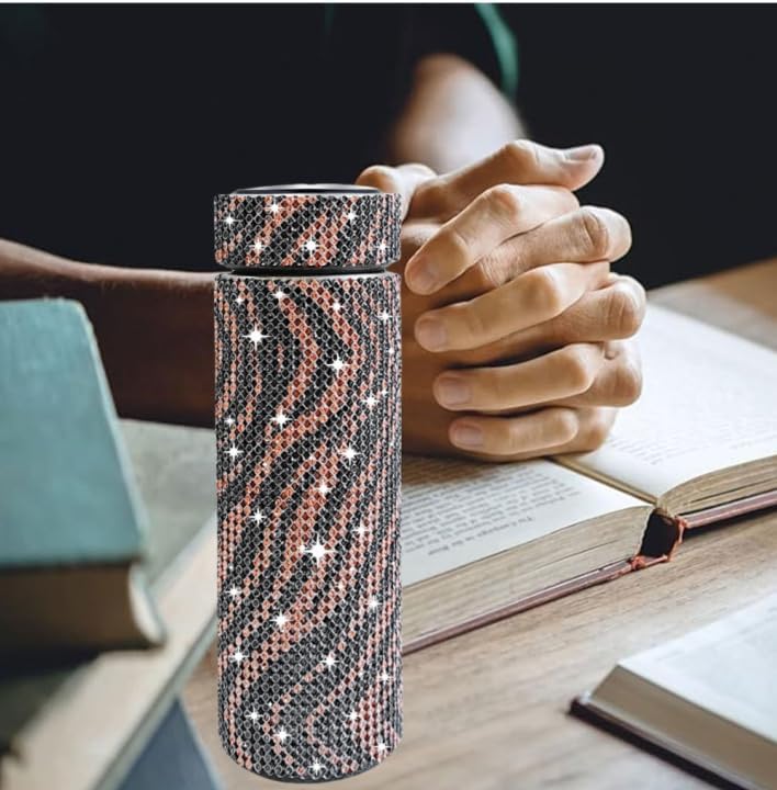 17 oz Bling Stainless Steel Water Bottle Rhinestone Vacuum Water Bottle Glitter Bottles Diamond Vacuum Flask Mug Gift Girls Women (500ml), Black+Gold Stripe - Image 5